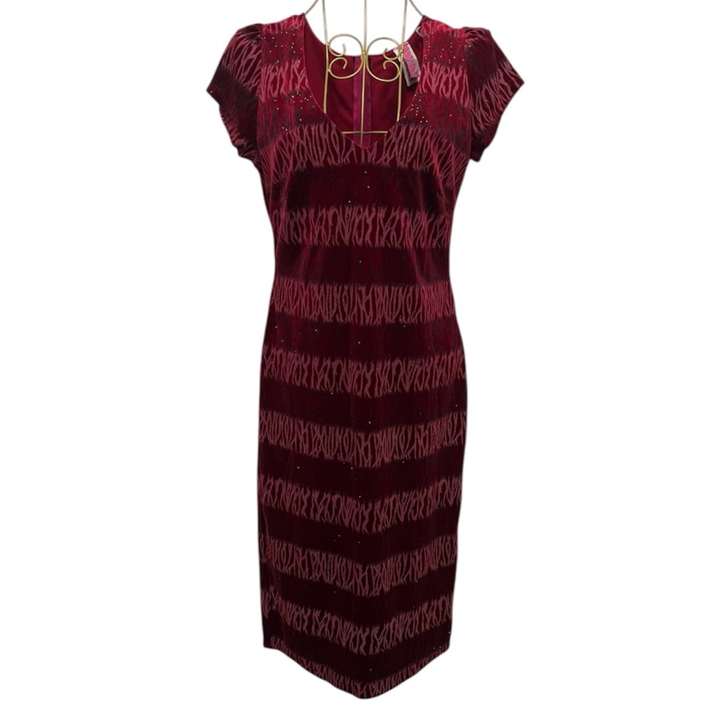 VINTAGE Route 90s Red Velvet Sparkle Stripe Midi Dress